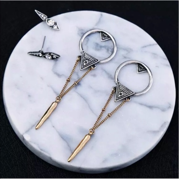 Gold and Silver Modern Geometric Dangle Earrings - Picture 2 of 5